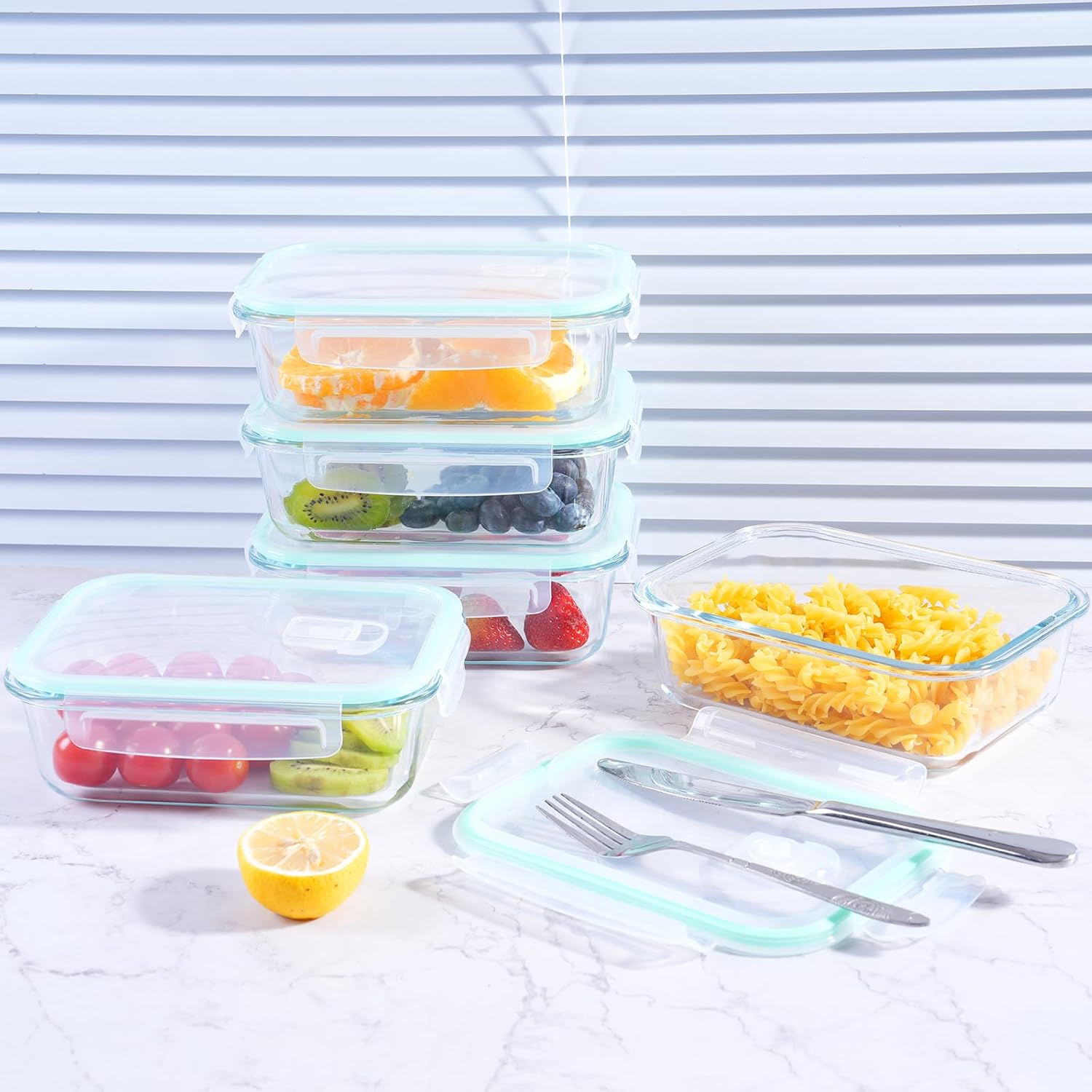 Boîtes-repas en verre [lot de 5] - récipients avec fermeture à clic - conteneurs de nourriture étanches - boîtes de repas pour contrôler les portions de nourriture